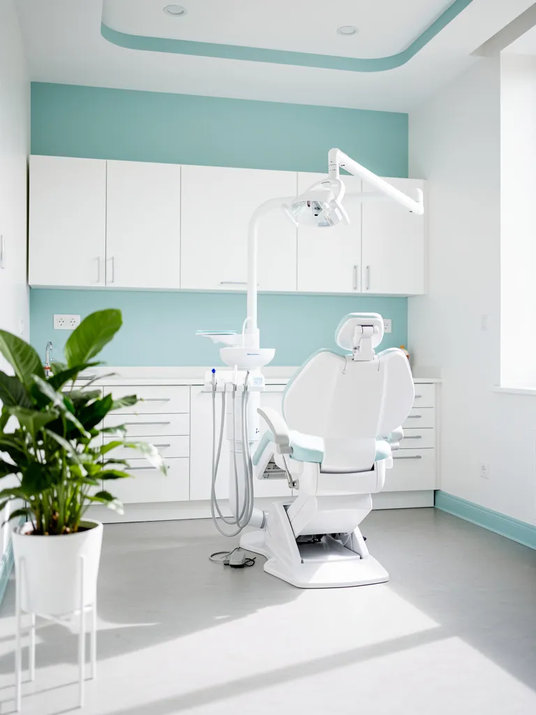 Imagen de ejemplo: consultorio dental luminoso con unidad dental y lámpara