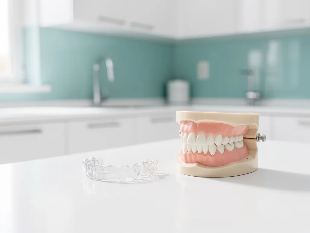 Imagen de ejemplo: alineador transparente y modelo dental con brackets